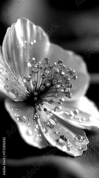 Fototapeta Delicate flower adorned with droplets reflecting light, showcasing intricate details and textures in an elegant presentation