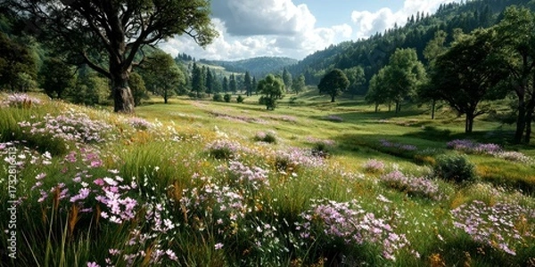 Fototapeta wildflower meadow under a sky with scattered clouds in a tranquil natural landscape