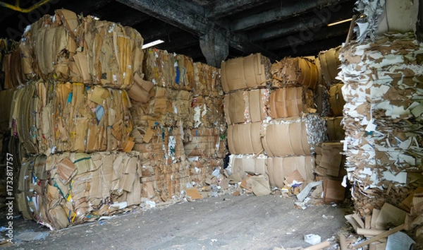 Fototapeta Inside a warehouse, many bales of compacted cardboard and various paper materials are stacked, showing the result of recycling processes and accumulation of waste