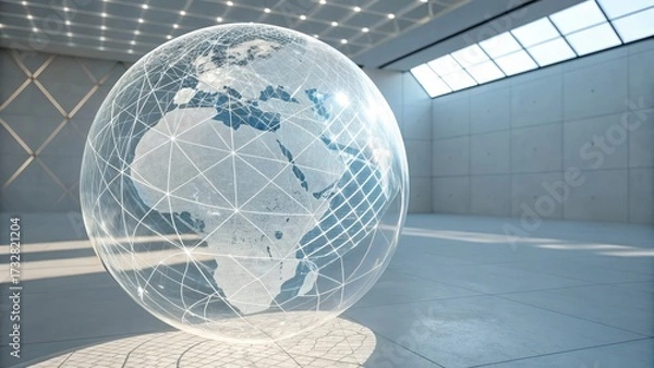 Fototapeta Transparent futuristic globe inside modern architectural interior