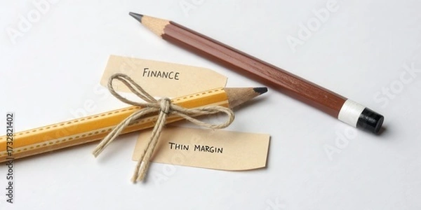 Fototapeta Pencils and tied paper labels with text on a white background