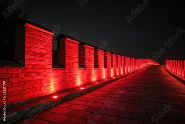 Fototapeta Red illuminated Great Wall structure at night