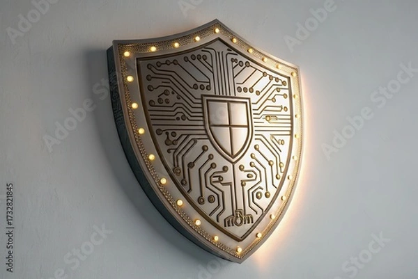Fototapeta Shiny metallic shield icon glowing softly against wall