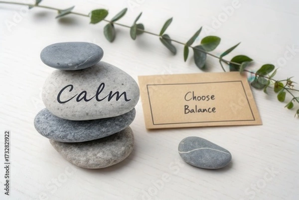 Fototapeta Stacked grey stones next to a message about calm and balance