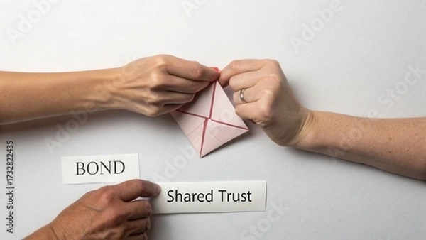 Fototapeta Two hands folding paper origami sharing shared trust