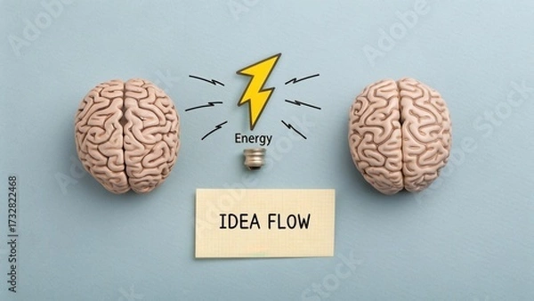 Fototapeta Two brains with an electrical flash connecting idea flow