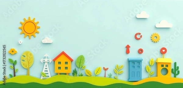 Obraz Vibrant paper cutouts of sustainability icons, animated movement, flat vector style,  recycle,  arrow