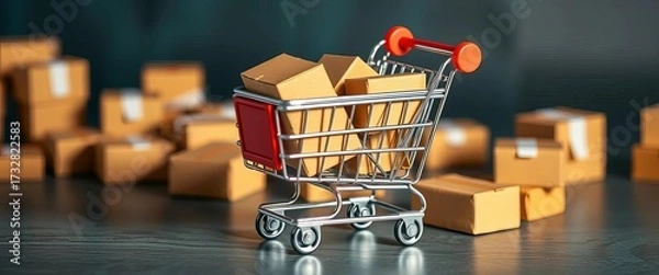 Obraz Mini cardboard shopping cart filled with tiny boxes,  present,  miniature cart