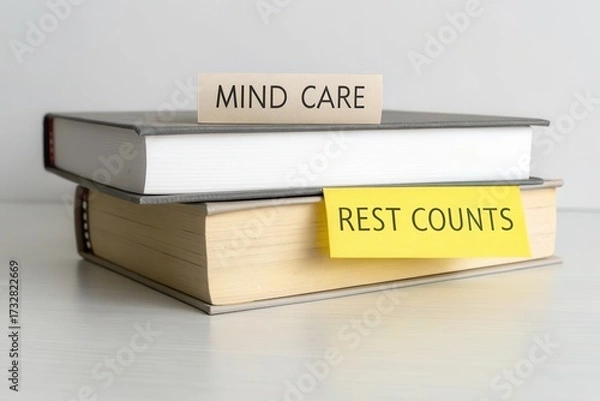Fototapeta Two stacked books with Mind Care title and Rest Count note