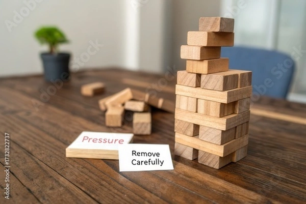 Fototapeta Wooden block tower with pressure and carefully labels