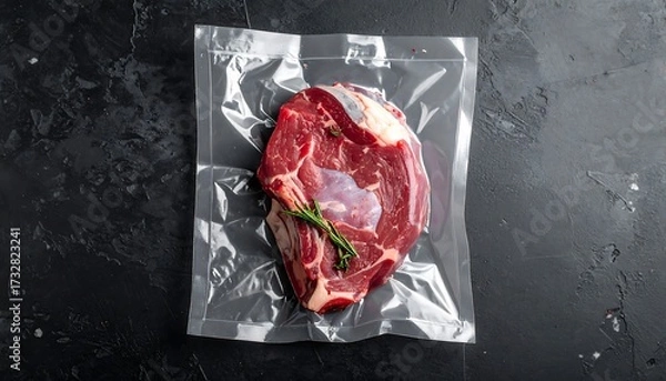 Fototapeta A top-down view of a raw, red meat cut, vacuum-sealed in clear plastic. A sprig of rosemary rests on the cut, against a dark background