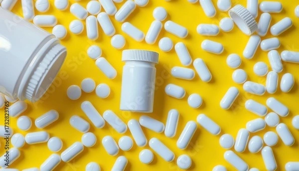Obraz White plastic pill bottle and scattered white pills on a bright yellow background,  healthcare,  object