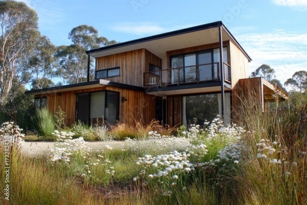 Fototapeta A contemporary wooden house is situated amid a vibrant array of blooming wildflowers, all set against a tranquil natural backdrop under the bright daylight