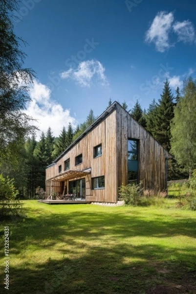 Fototapeta Modern wooden house surrounded by lush greenery in a forest setting, capturing a serene landscape under a clear blue sky during daylight