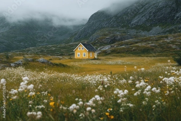 Fototapeta Bright yellow house stands alone in a lush green valley surrounded by mountains and fog on a calm, cloudy day in a tranquil landscape