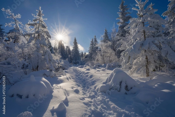 Fototapeta Winter landscape in the forest. Generative AI