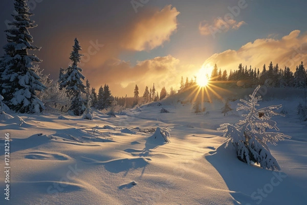 Fototapeta Winter landscape in the forest. Generative AI
