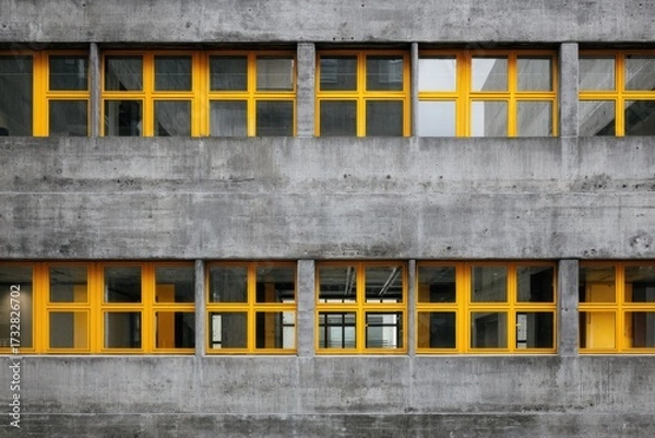 Fototapeta Contemporary architectural design showcasing vibrant yellow windows set against a stark concrete building facade in a bustling urban environment during daylight hours