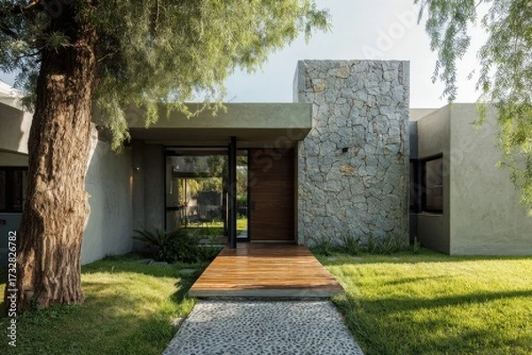 Fototapeta Beautiful modern house with stone facade and wooden walkway surrounded by green lawn under bright sky in a tranquil setting