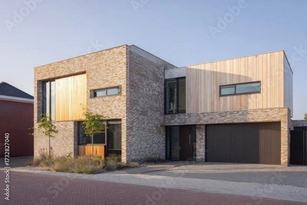 Fototapeta Modern architectural design showcased in a brick and wood house located on a quiet street in the early morning light, highlighting a blend of textures and contemporary lines
