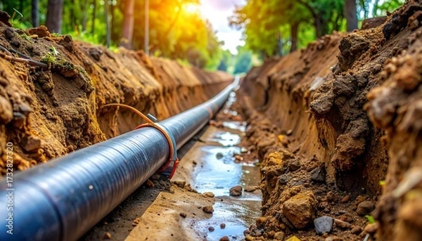 Fototapeta A long, black pipe lies inside a trench, flanked by dirt walls and water. Green trees and sunlight are visible in the background
