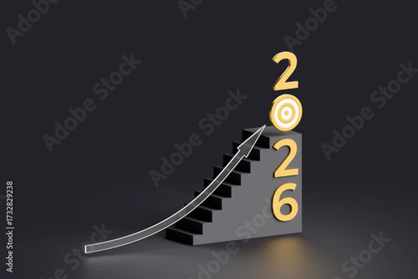 Fototapeta Golden Calendar number 2026 with target icon and rise glass arrow on black staircase. Concept of growth, purpose and business success in new year 2026. 3d illustration, copy space.