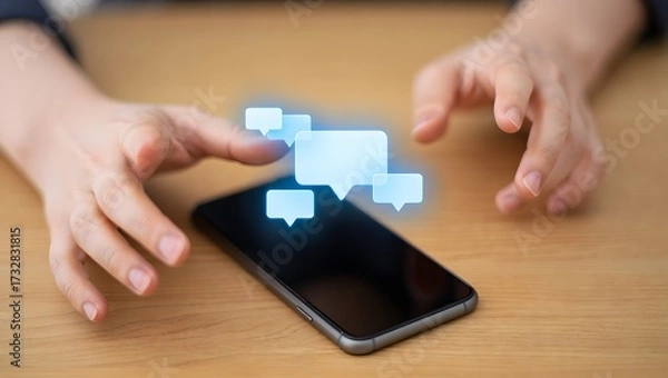 Fototapeta Person s hands interacting with digital chat bubbles emerging from a smartphone
