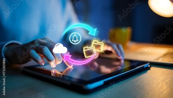 Fototapeta Person interacting with digital cloud data transfer and storage icons on tablet
