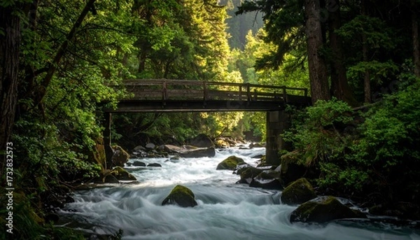 Fototapeta A long exposure of a flowing river beneath a wooden bridge, set in a lush, verdant forest. Sunlight filters