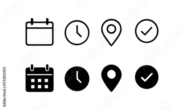 Obraz Minimalist line and solid icons set: calendar, clock, location, checkmark
