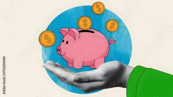 Fototapeta Creative art collage of invest and saving success in the future goal. Hand holding piggy bank with coin are dropping from above