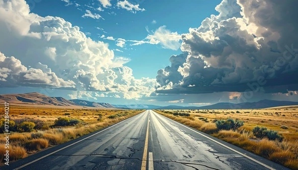 Fototapeta A long road stretches toward the horizon under a vast sky dotted with fluffy white clouds, over dry grassy fields
