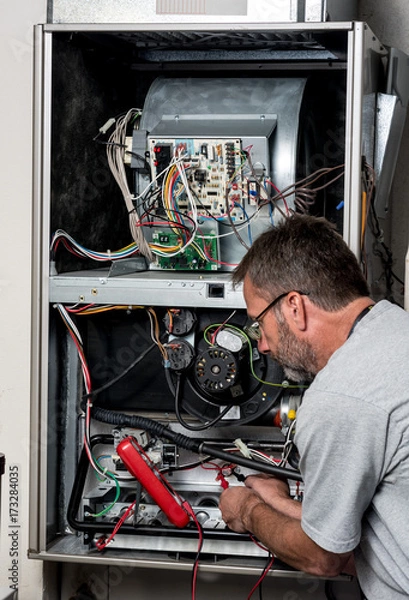 Obraz Mistrz technik pracuje na piecu domowym z multimetrem