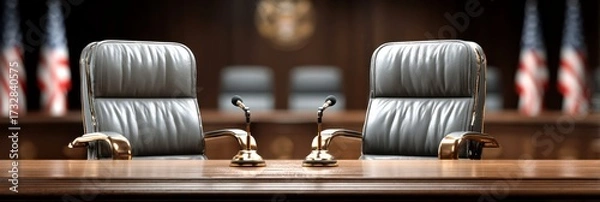 Fototapeta Elegant courtroom setting featuring leather chairs and microphones in an American judicial environment