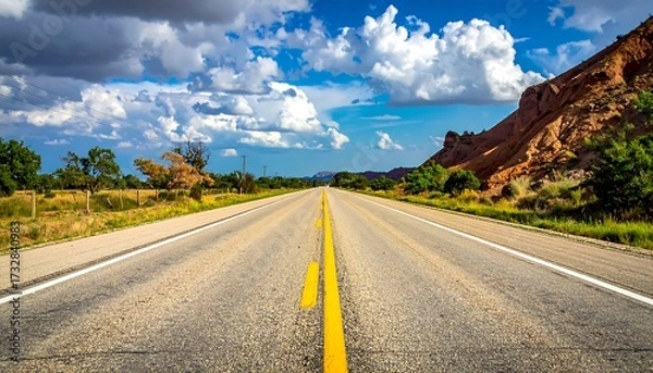 Fototapeta A long road stretches towards the horizon under a bright blue sky dotted with fluffy white clouds. The road is bordered by dry fields and rocky hills