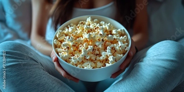 Fototapeta Enjoying a cozy movie night with a large bowl of fresh popcorn at home during evening hours
