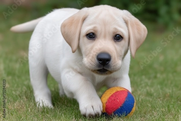 Fototapeta Playful Labrador Retriever Puppy with Colorful Ball on Grass