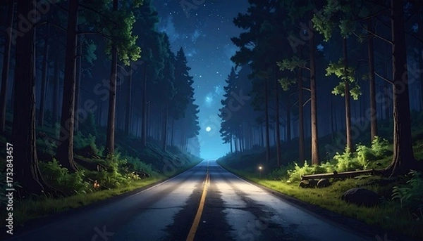 Fototapeta A long, straight road winds through a dark forest, illuminated by a soft moonlight and starlight in the night sky