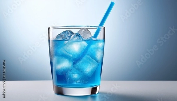 Obraz Refreshing Blue Drink With Ice And Straw On A Light Background