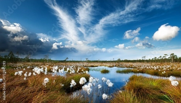 Obraz Blue Stormy Sky Over Swamp With Cotton Grass