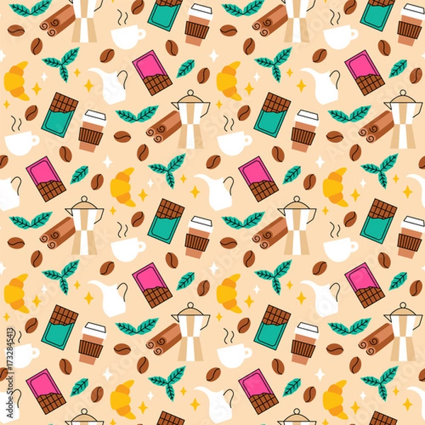 Fototapeta Coffee Beans Time Seamless Pattern. Vector Illustration of Drink Cafeteria Flat Style Background. Espresso Cup, Mint Leaf, Cinnamon, Milk Jar, Chocolate, Croissant and Stars.