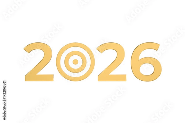 Fototapeta Golden number 2026 and target icon isolated on white, PNG. Concept of success, growth and achievement of goals in the new year 2026.