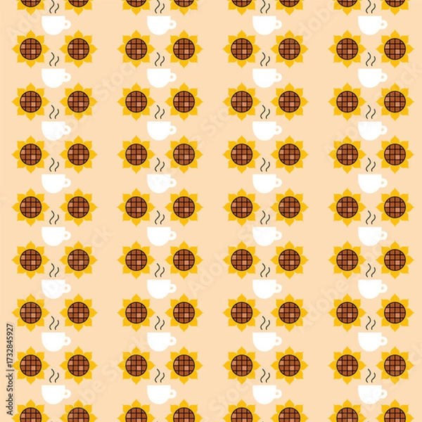 Fototapeta Coffee Cup Sunflower Seamless Pattern. Vector Illustration of Drink Cafeteria Flat Style Background. Flower and Espresso Menu.