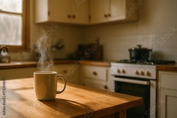 Obraz Serene morning kitchen scene ideal for wellness or home lifestyle content with ample text space.