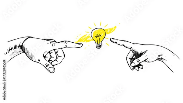Fototapeta Hands pointing idea lightbulb creative inspiration innovation solution concept brainstorming creativity solution
