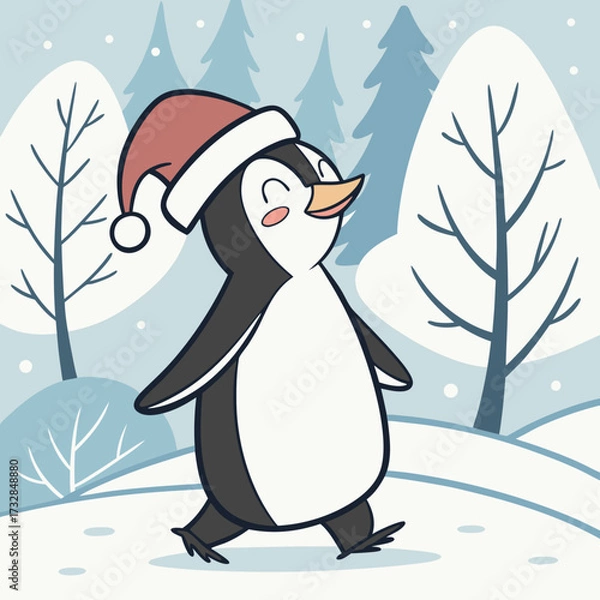 Fototapeta A penguin in a Santa hat vector illustration