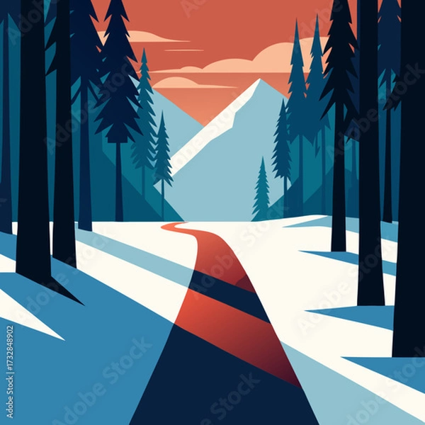 Fototapeta A snowy winter forest path vector illustration