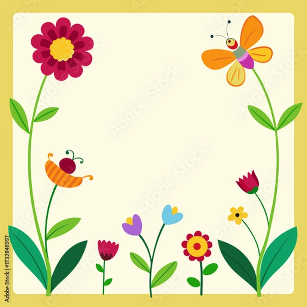 Fototapeta A nature frame of garden flowers with visiting insects vector illustration