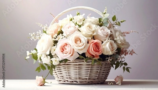 Fototapeta A lovely arrangement of light pink and white roses spilling from a woven basket, set on a white surface with soft lighting