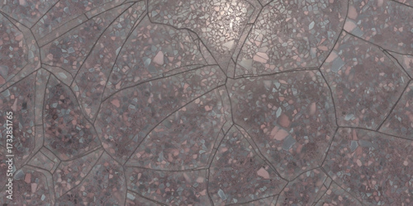 Fototapeta Closeup of a dark terrazzo surface with a mix of small and large chips, creating a textured and patterned background with a slightly glossy finish